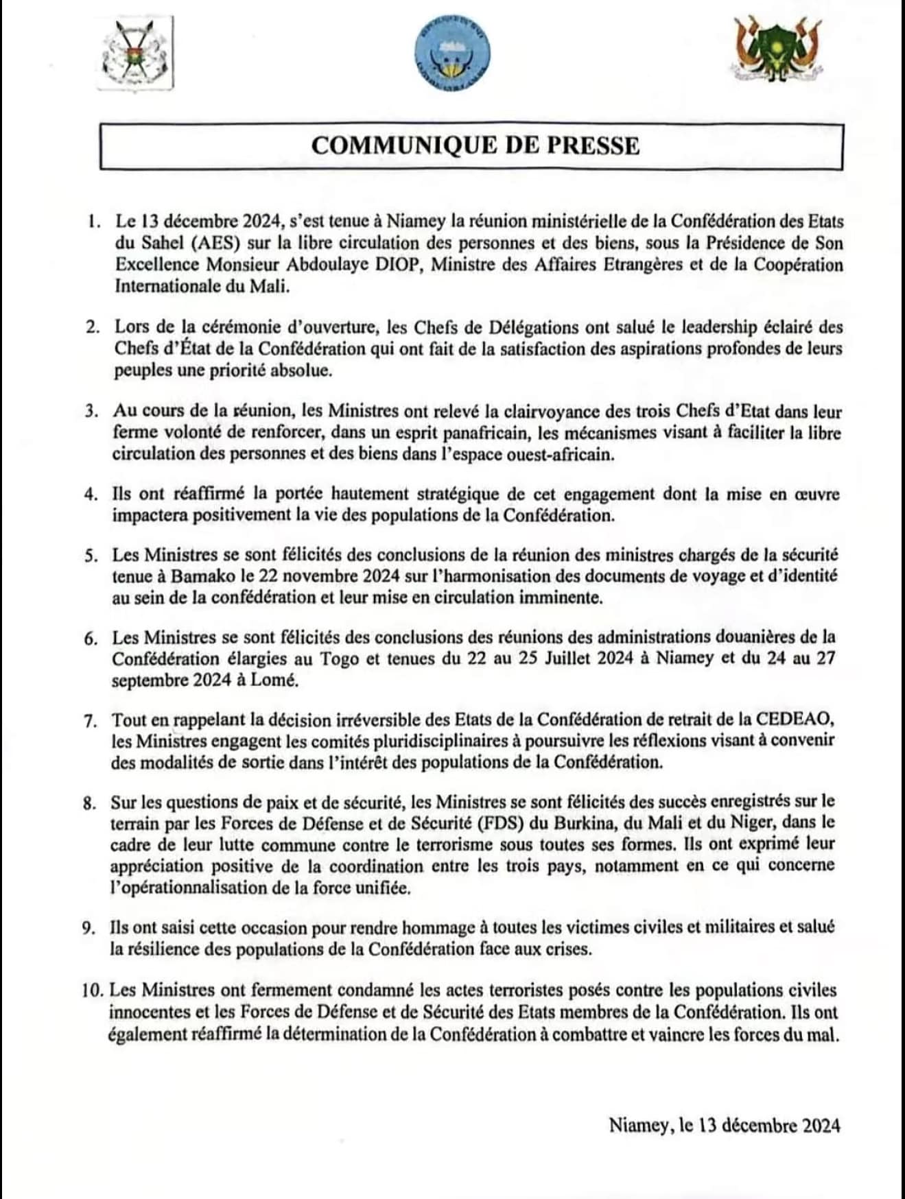 Communiqué final de la réunion ministérielle de la Confédération des États du Sahel (AES) sur la libre circulation des personnes et des biens