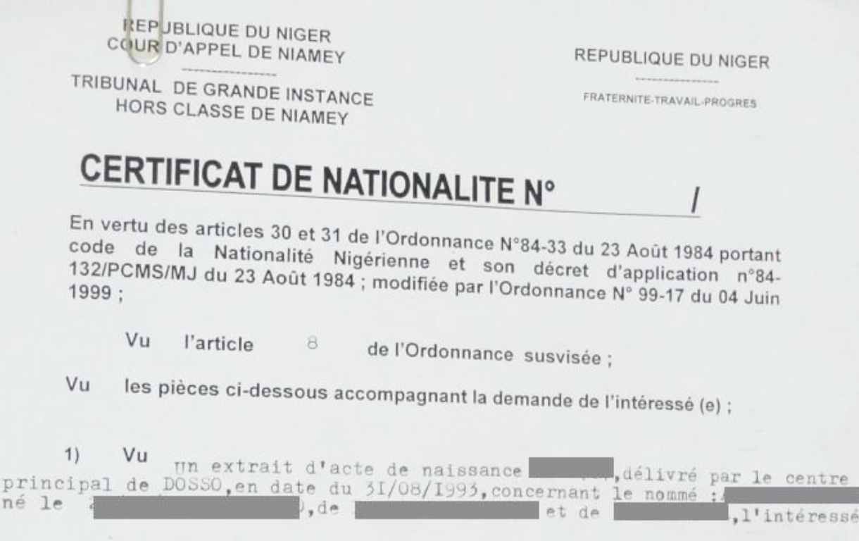 certificat de nationalite Nigerienne